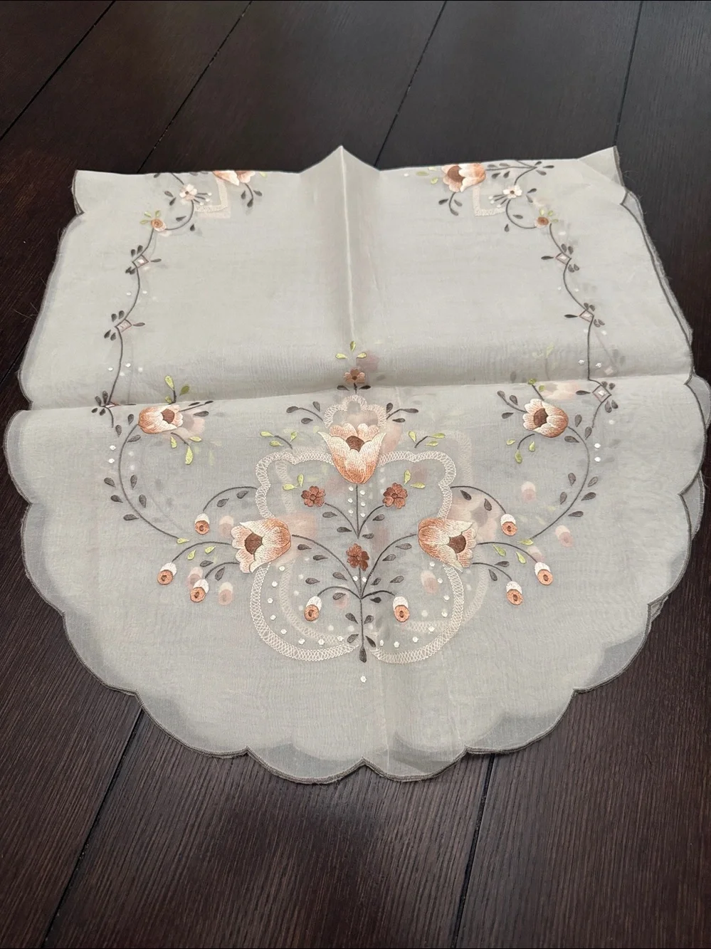 Beautiful Embroidered Floral sheer Table Runner in Beige and brown tones